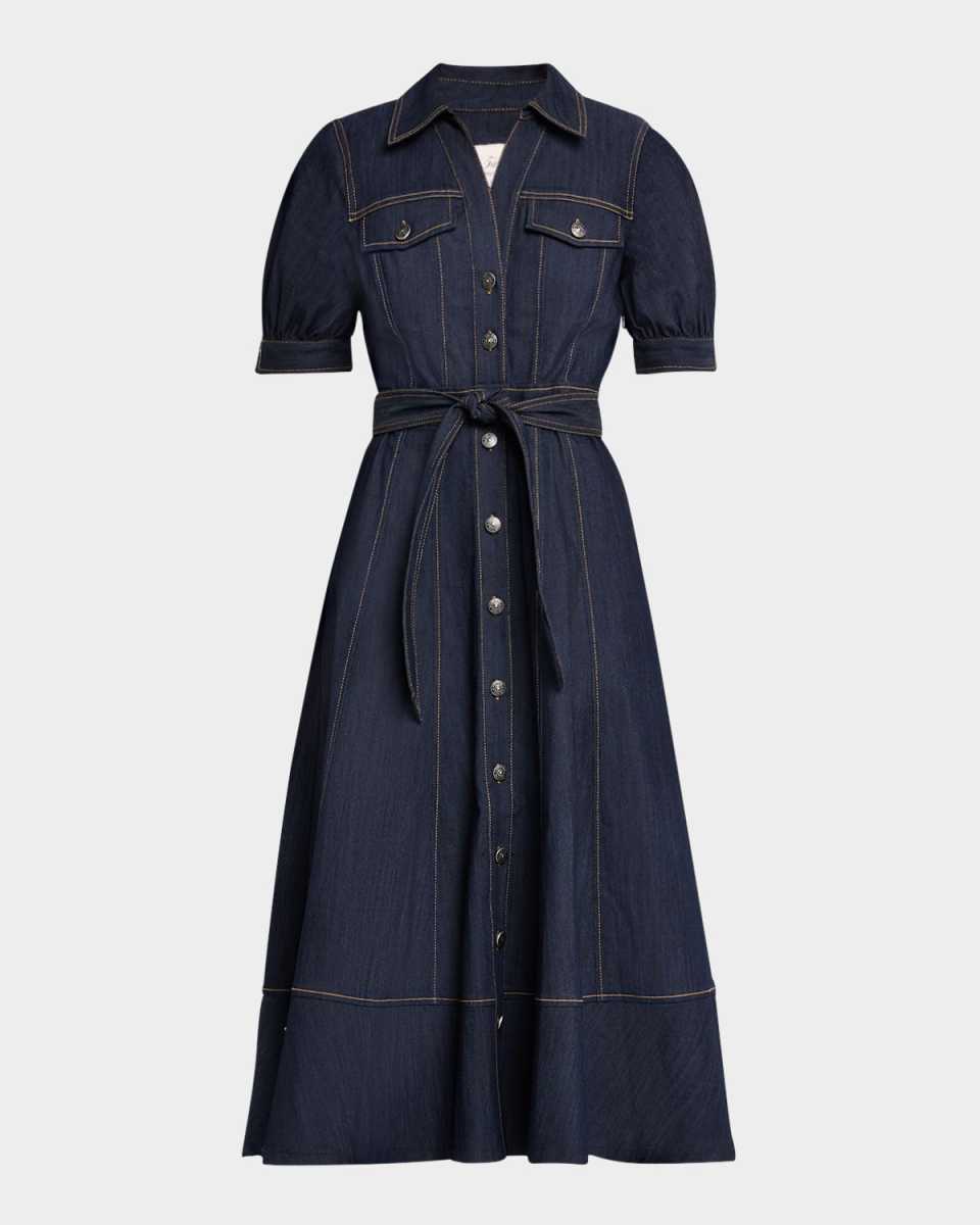 Suzie Denim Puff-Sleeve Midi Dress